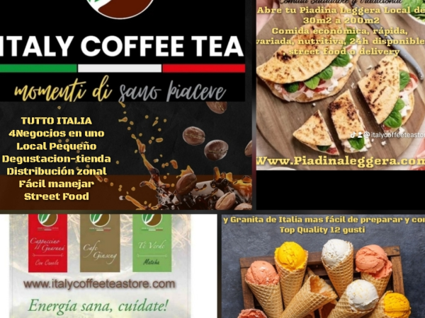 Ofrecemos el negocio definitivo siempre lleno servicio y productos adaptado a cada hora, cafe, te, paninos, focaccias, piadinas, aperitivos, comidas, meriendas, brunch, cena after dinner, Italy Coffee Tea Store siempre lleno